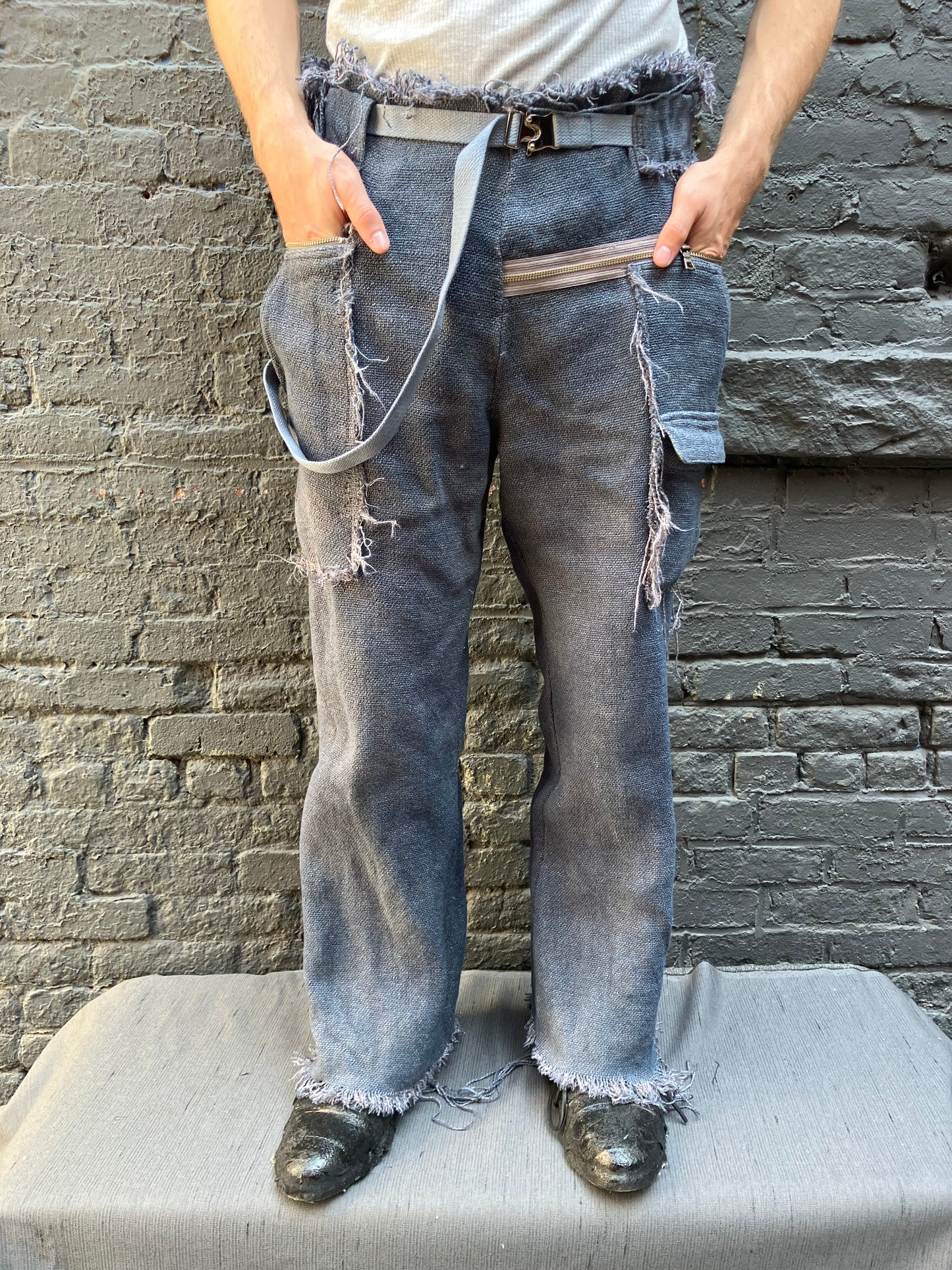 FW23 || ZIPPER BIG PANTS || 100% HEAVY LINEN - OD GREY