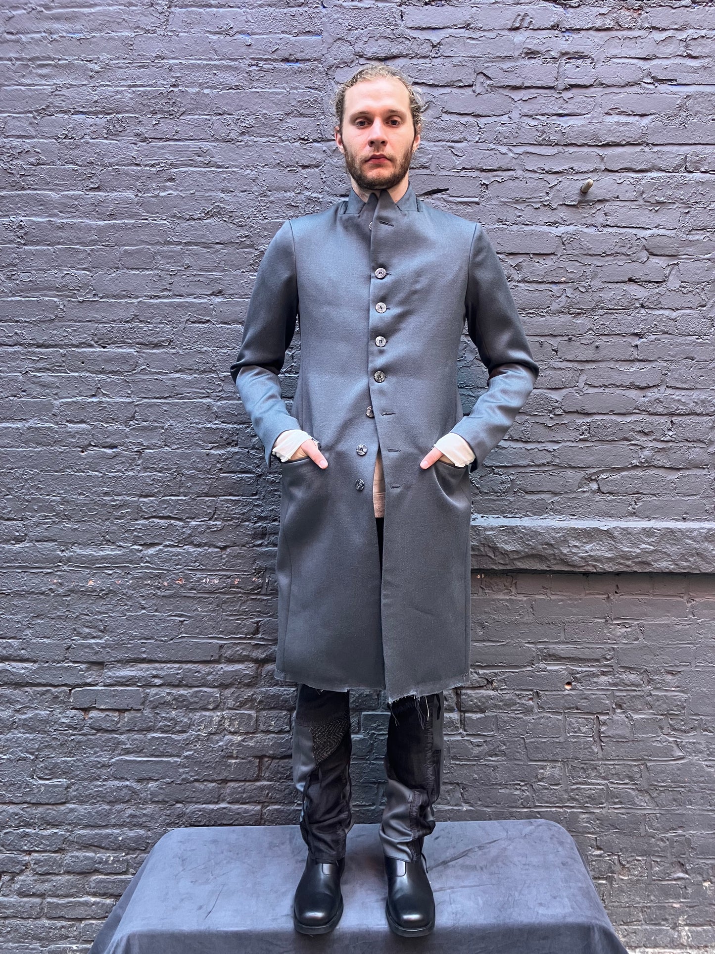 FW23 || PEAKED LAPEL LONG COAT || HAND-STITCHED GREY