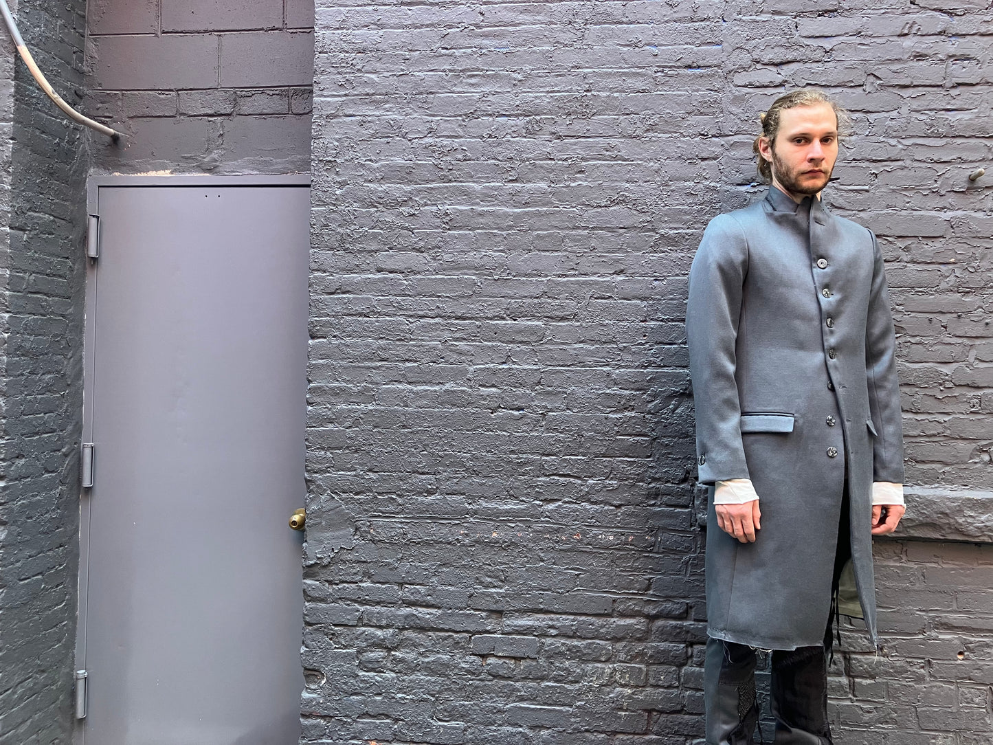 FW23 || PEAKED LAPEL LONG COAT || HAND-STITCHED GREY