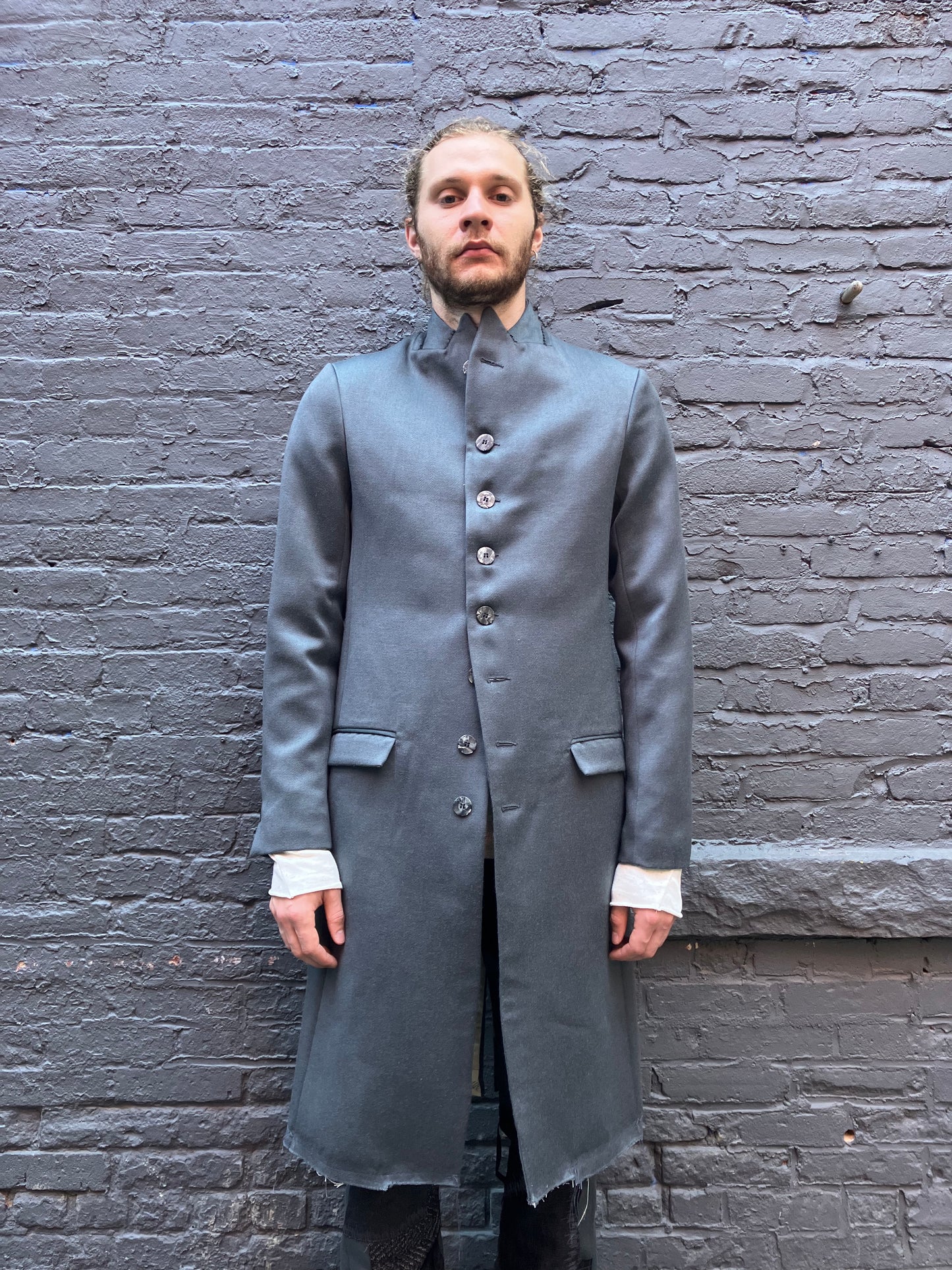 FW23 || PEAKED LAPEL LONG COAT || HAND-STITCHED GREY