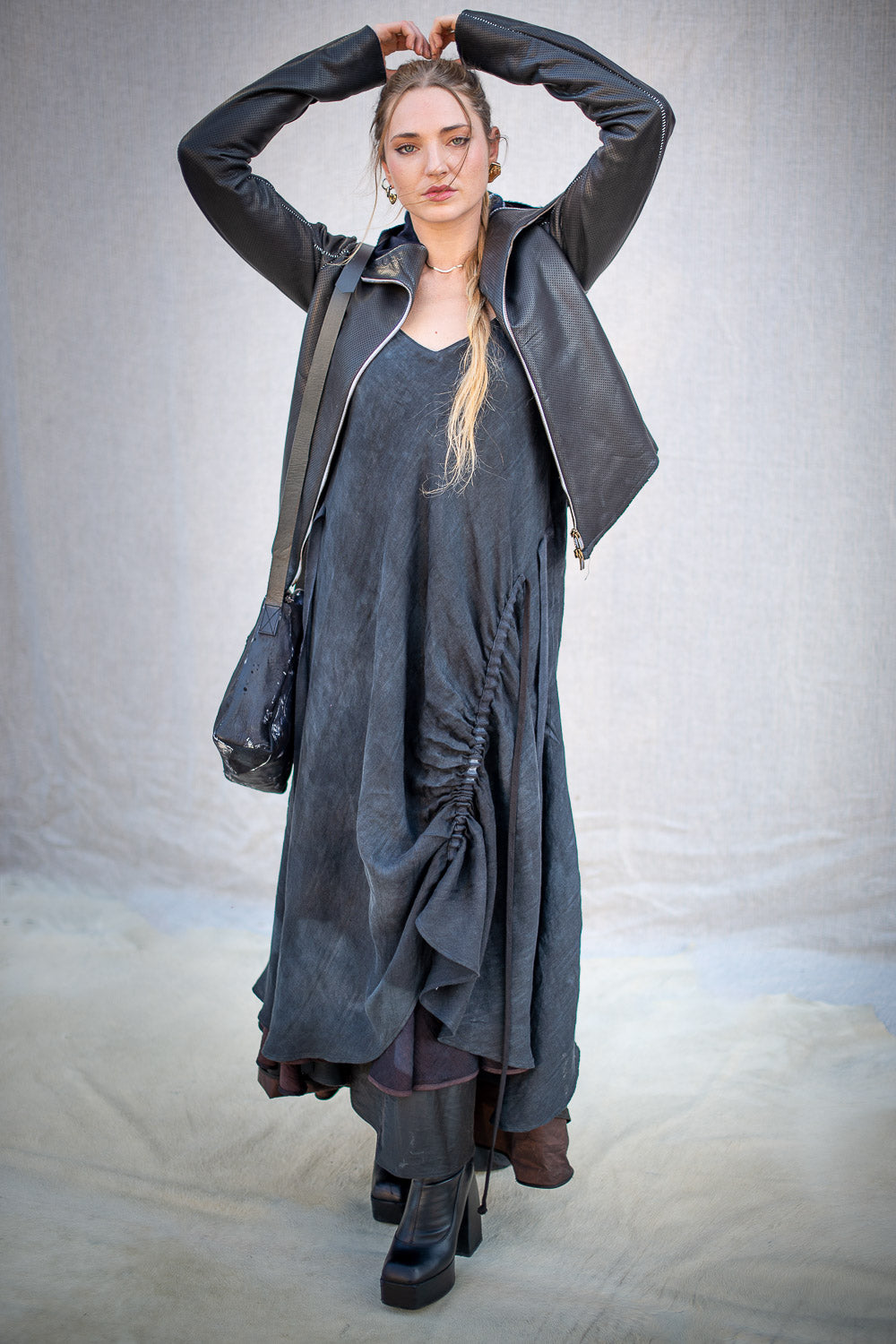 FW24 || STRING THEORY LINEN RAYON DRESS || WASHED BLACK