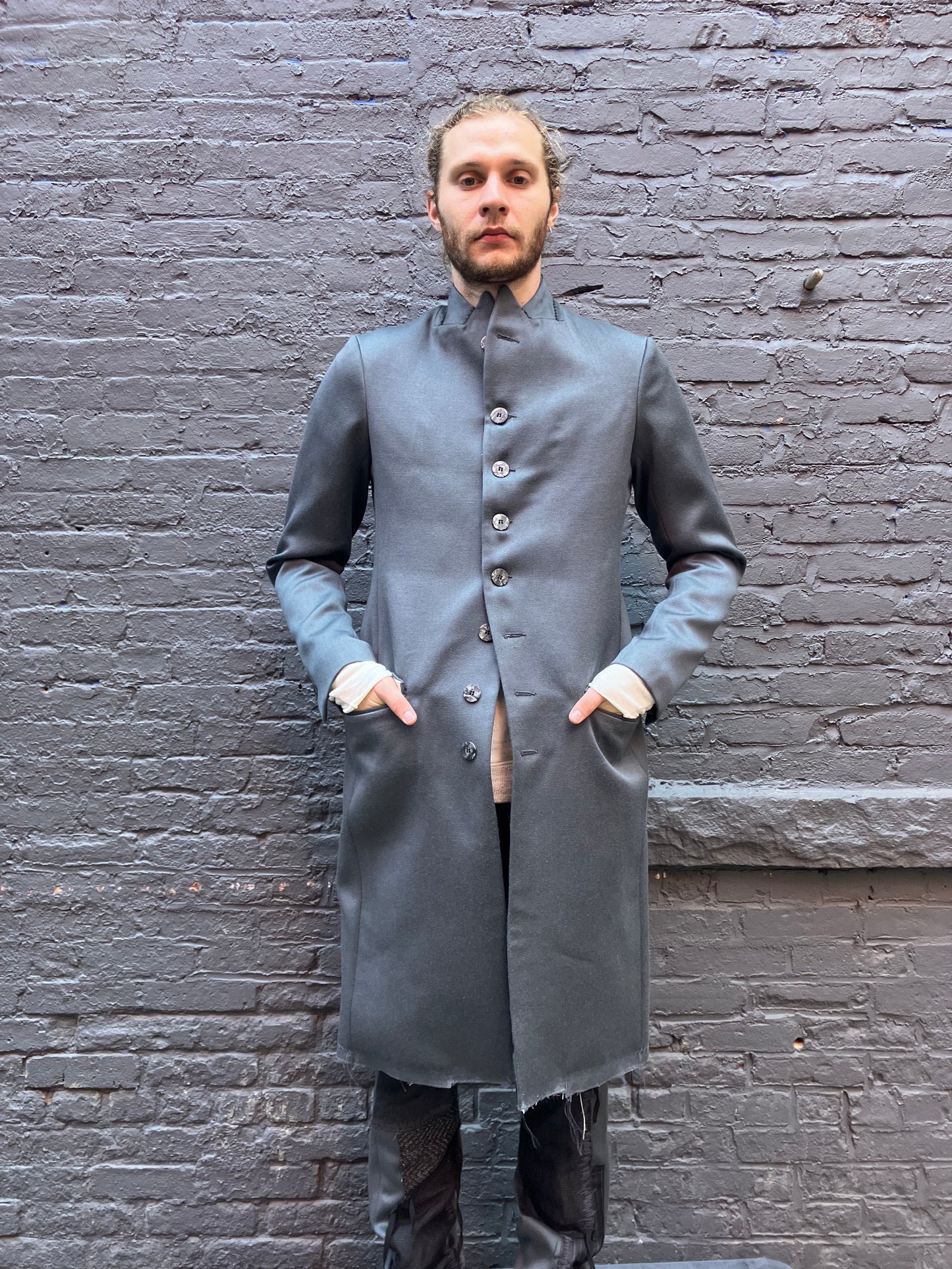 FW23 || PEAKED LAPEL LONG COAT || HAND-STITCHED GREY