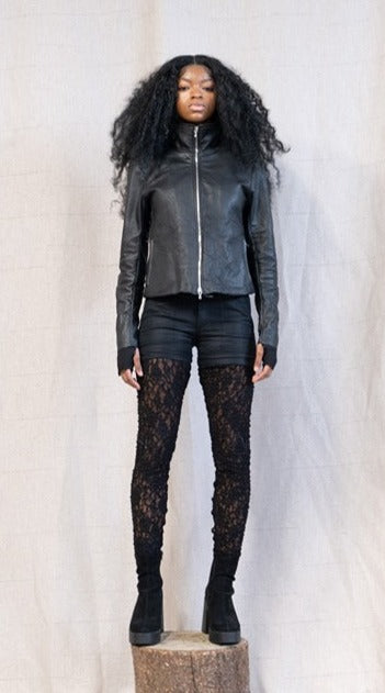 SS23 FEMME || HIGH NECK MINIMALIST LEATHER JACKET - BLACK