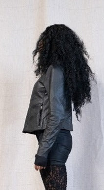 SS23 FEMME || HIGH NECK MINIMALIST LEATHER JACKET - BLACK