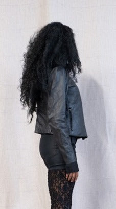 SS23 FEMME || HIGH NECK MINIMALIST LEATHER JACKET - BLACK