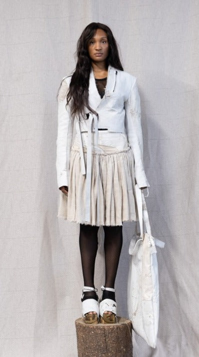 SS23 FEMME || MOONSTAR LINEN + LEATHER YOKE SHORT SKIRT
