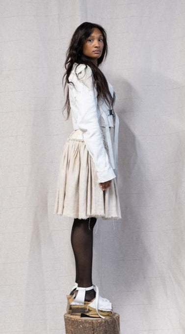 SS23 FEMME || MOONSTAR LINEN + LEATHER YOKE SHORT SKIRT