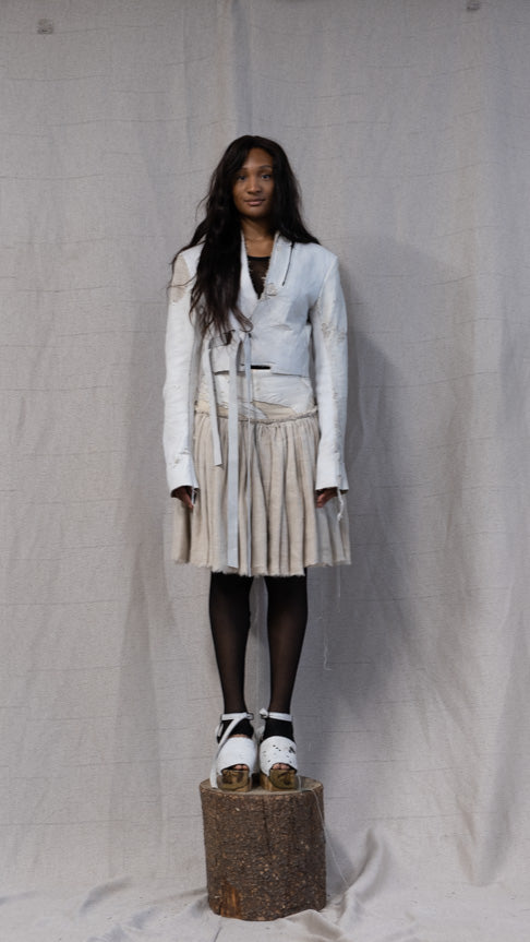 SS23 FEMME || MOONSTAR LINEN + LEATHER YOKE SHORT SKIRT