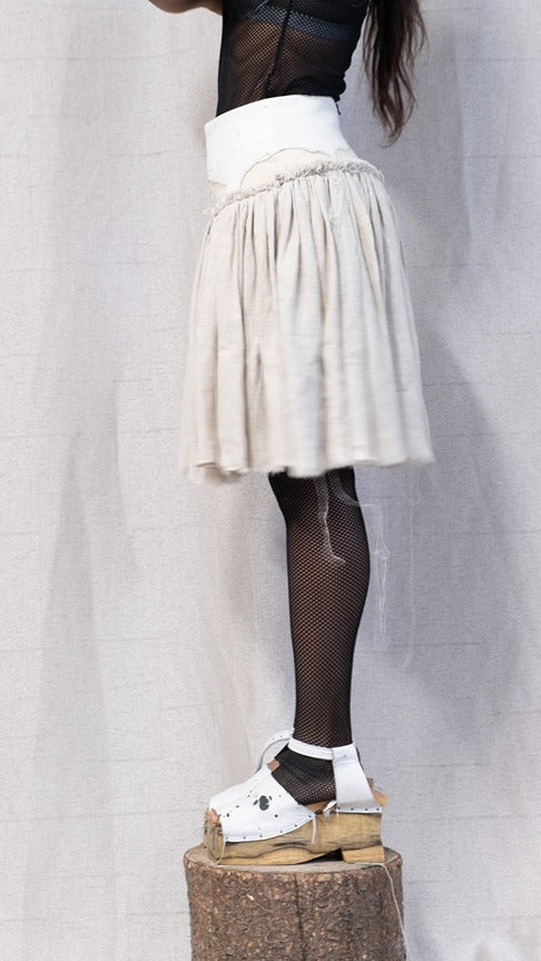 SS23 FEMME || MOONSTAR LINEN + LEATHER YOKE SHORT SKIRT