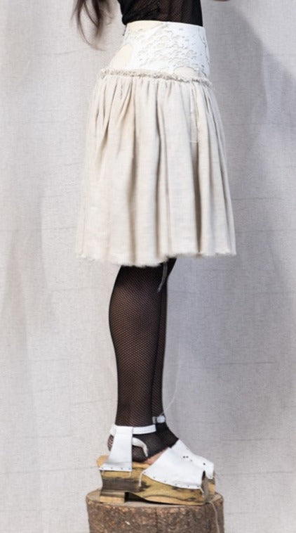 SS23 FEMME || MOONSTAR LINEN + LEATHER YOKE SHORT SKIRT