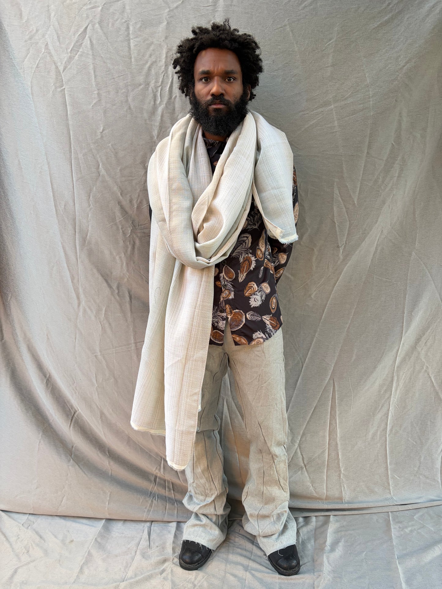 FW25 || LARGE DOUBLE WIDTH SCARF || ECRU STRIPE || WOOL + LINEN