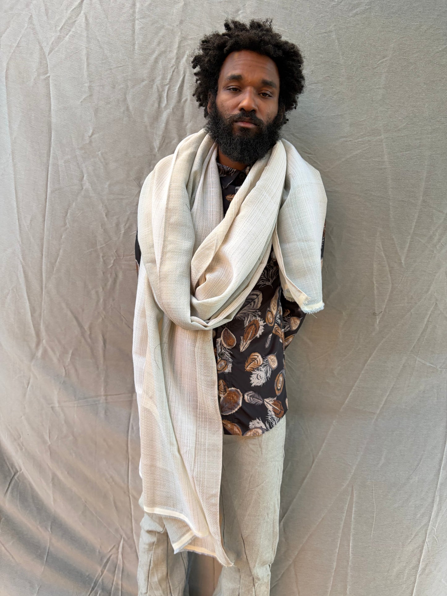 FW25 || LARGE DOUBLE WIDTH SCARF || ECRU STRIPE || WOOL + LINEN