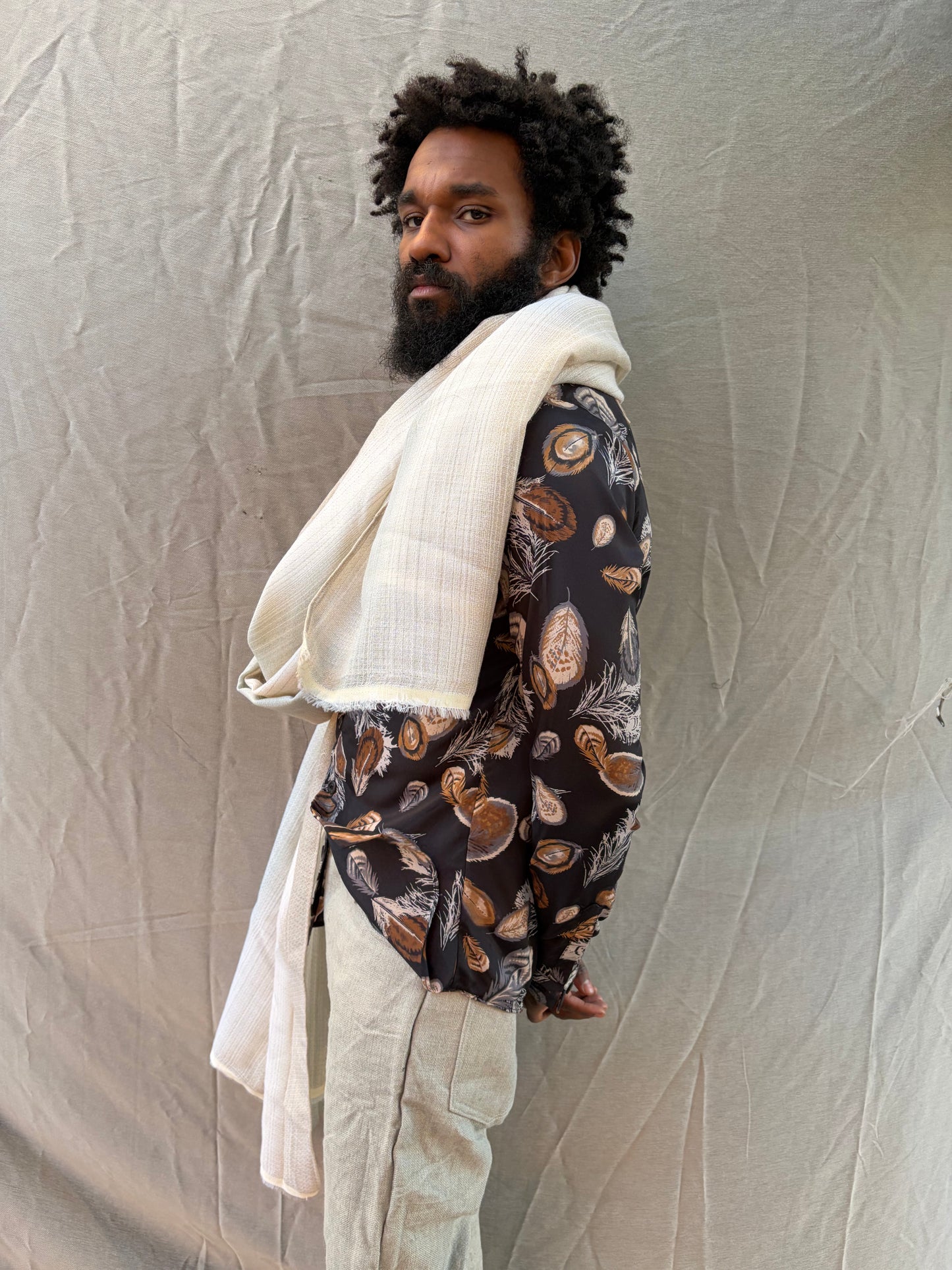 FW25 || LARGE DOUBLE WIDTH SCARF || ECRU STRIPE || WOOL + LINEN