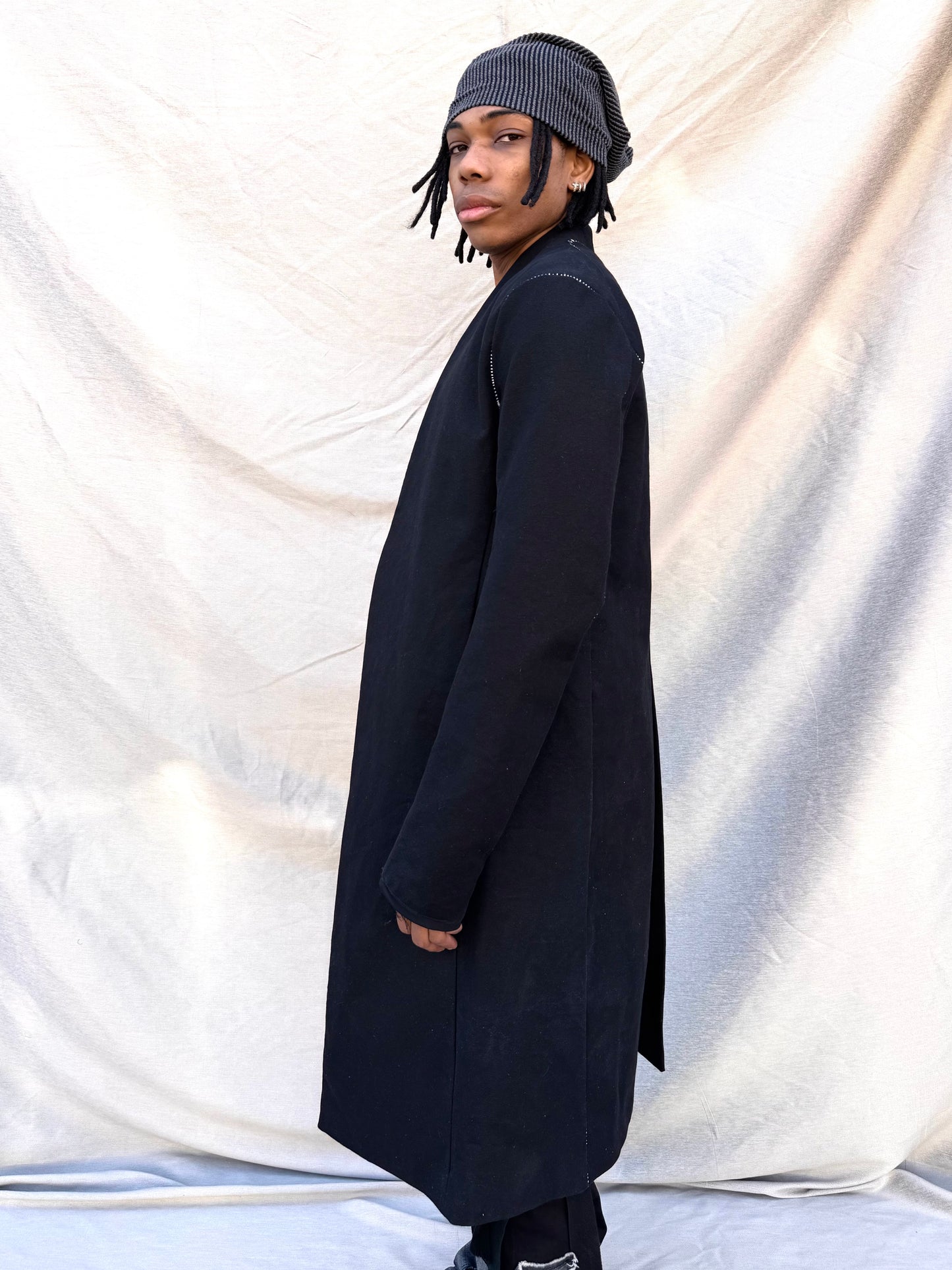 SS25 || SHAWL COLLAR LONG OVERLOCKED COAT || BLACK