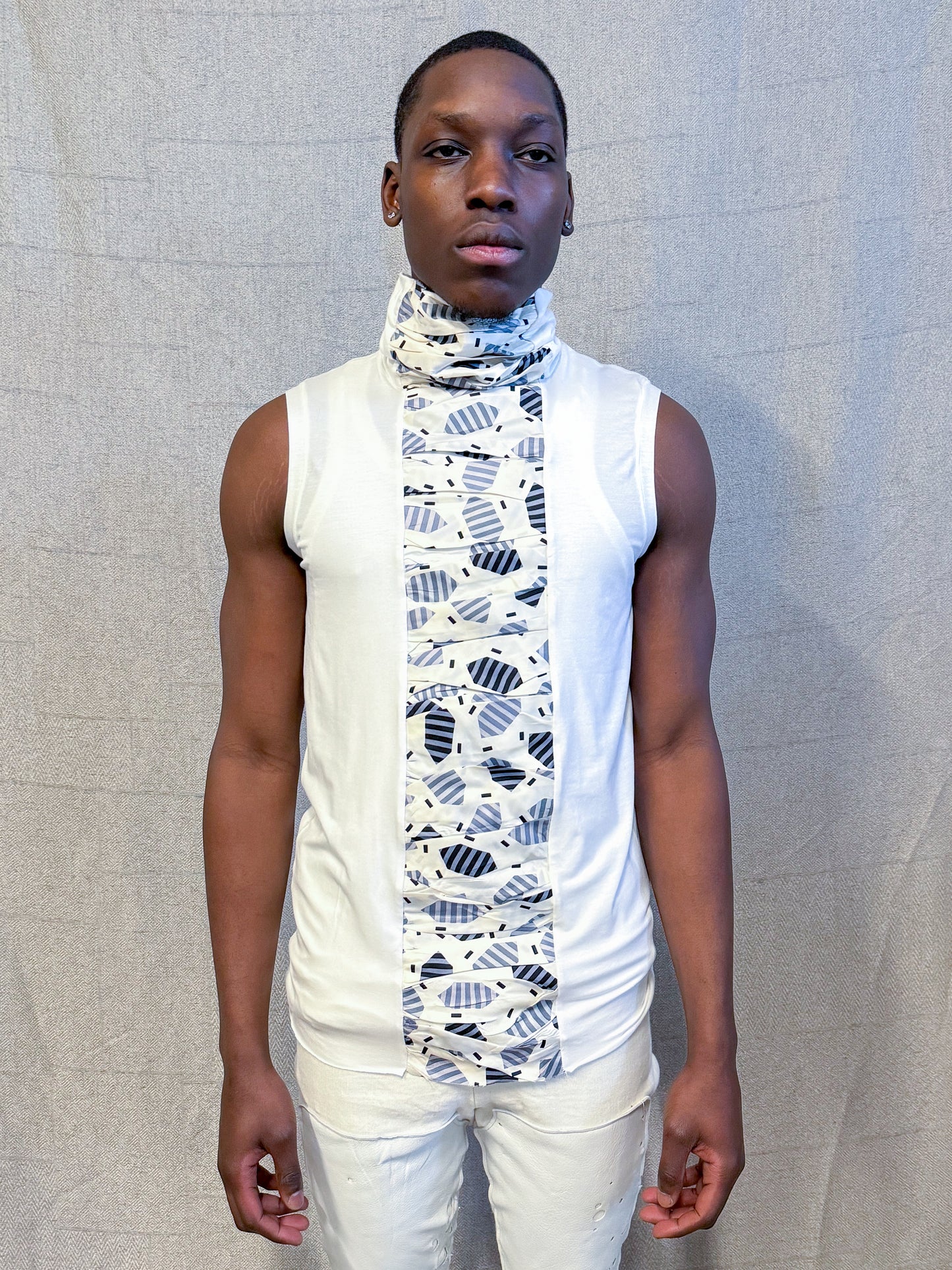 SS24 || HIGH NECK RUCHED FRONT SLEEVELESS TEE || WHITE