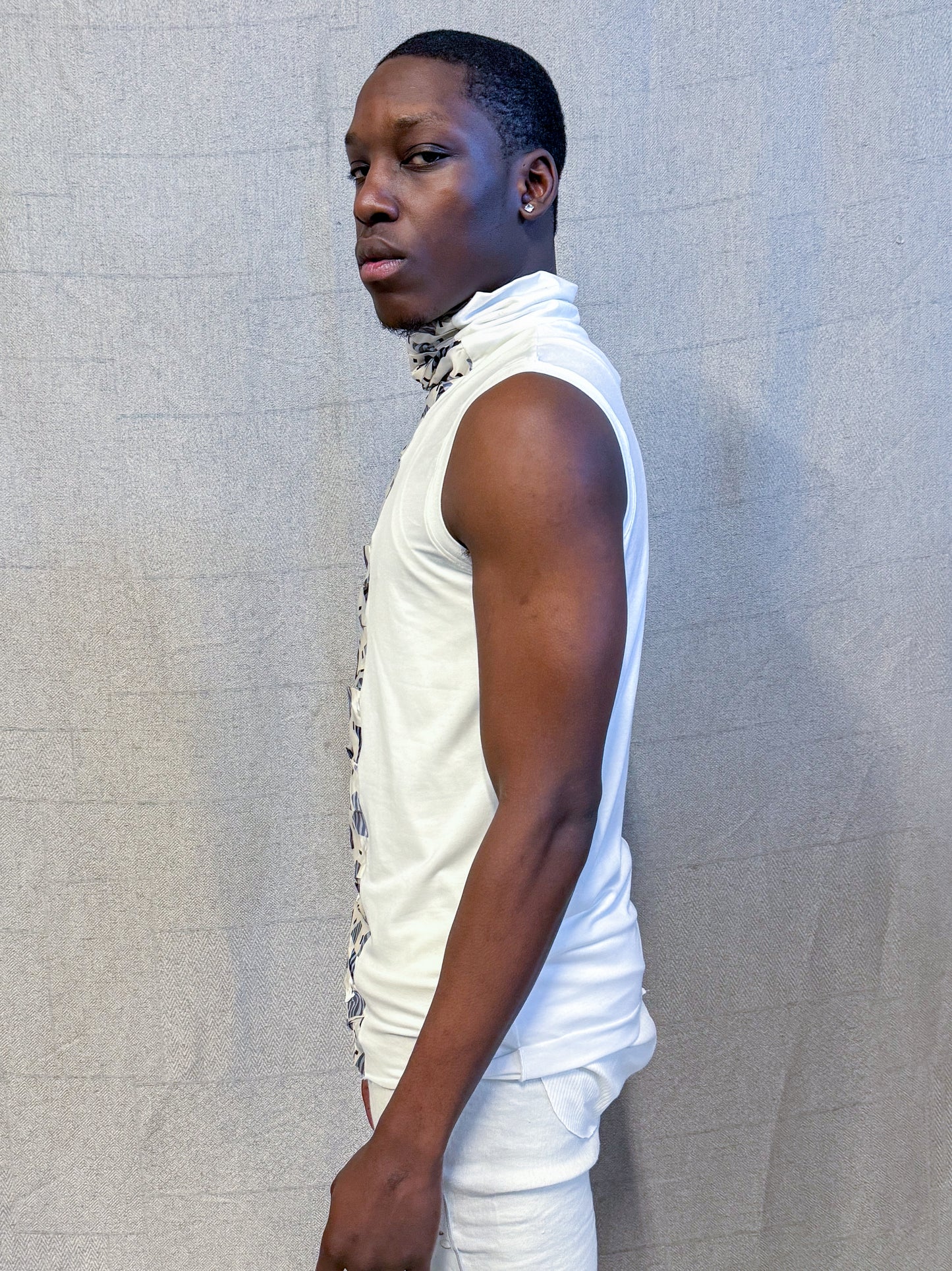SS24 || HIGH NECK RUCHED FRONT SLEEVELESS TEE || WHITE