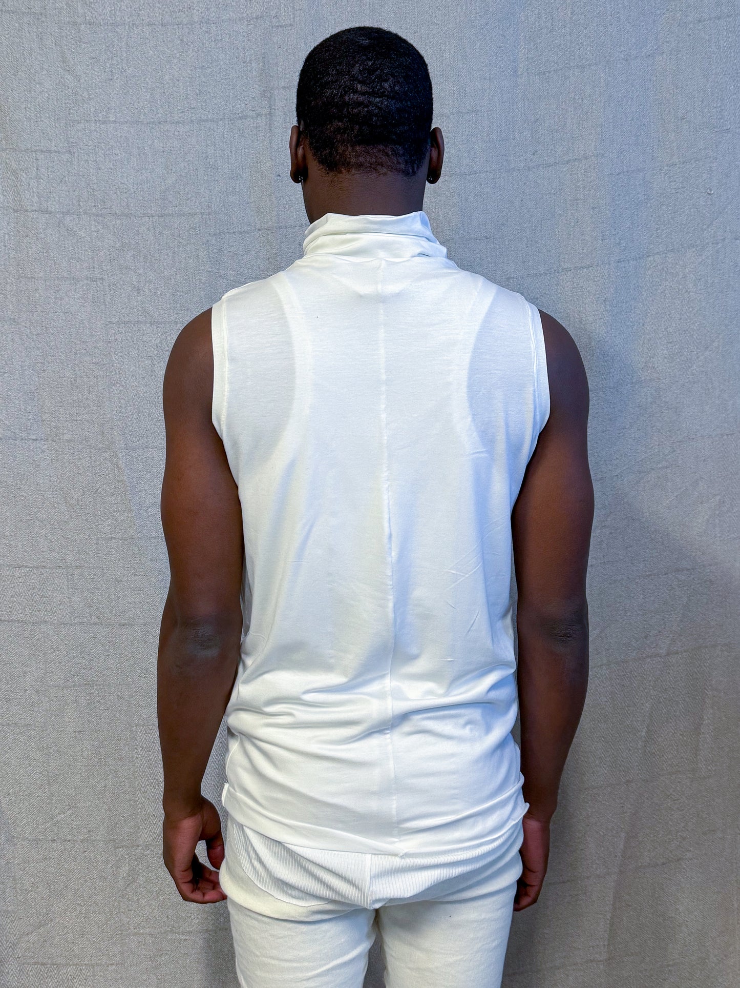 SS24 || HIGH NECK RUCHED FRONT SLEEVELESS TEE || WHITE