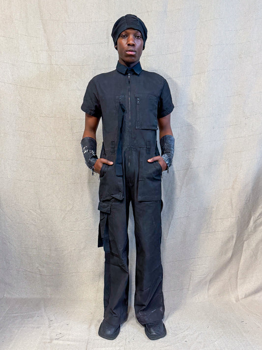 SS24 || FULL BODY COATED CARGO COVERALLS || BLACK COTTON