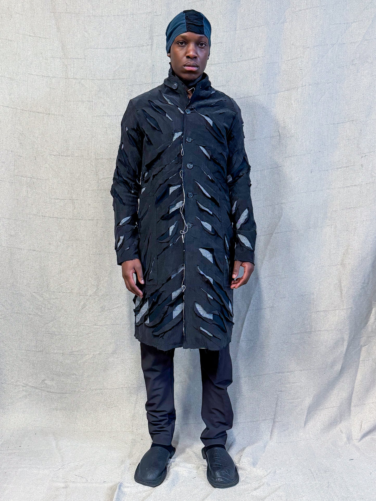 SS24 || SLASHED SILK PROTOLOGICAL ARCHETYPE COAT || BLACK