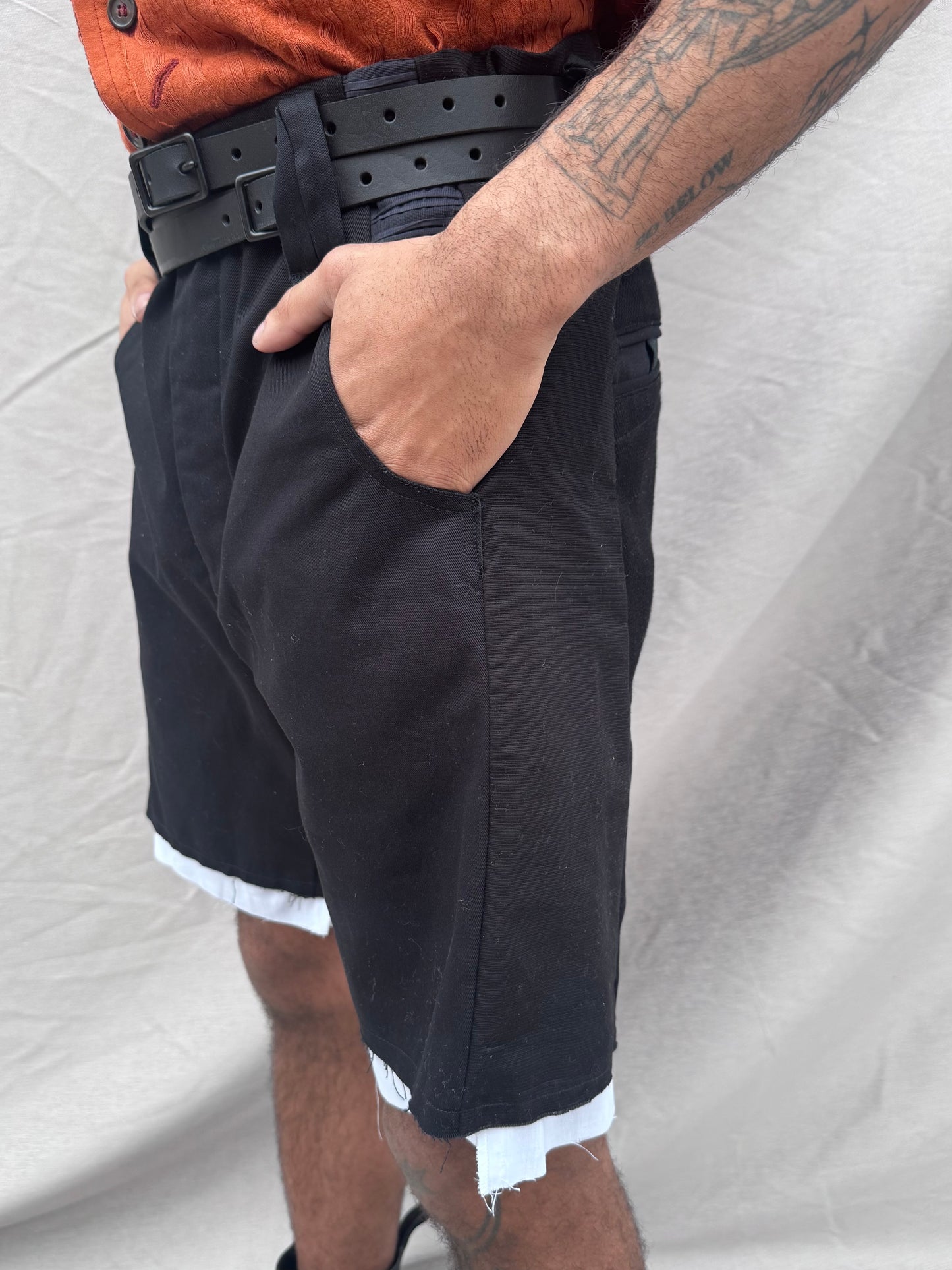 SS25 || TRI PANEL LINEN SHORTS - DOUBLE LAYER || BLACK