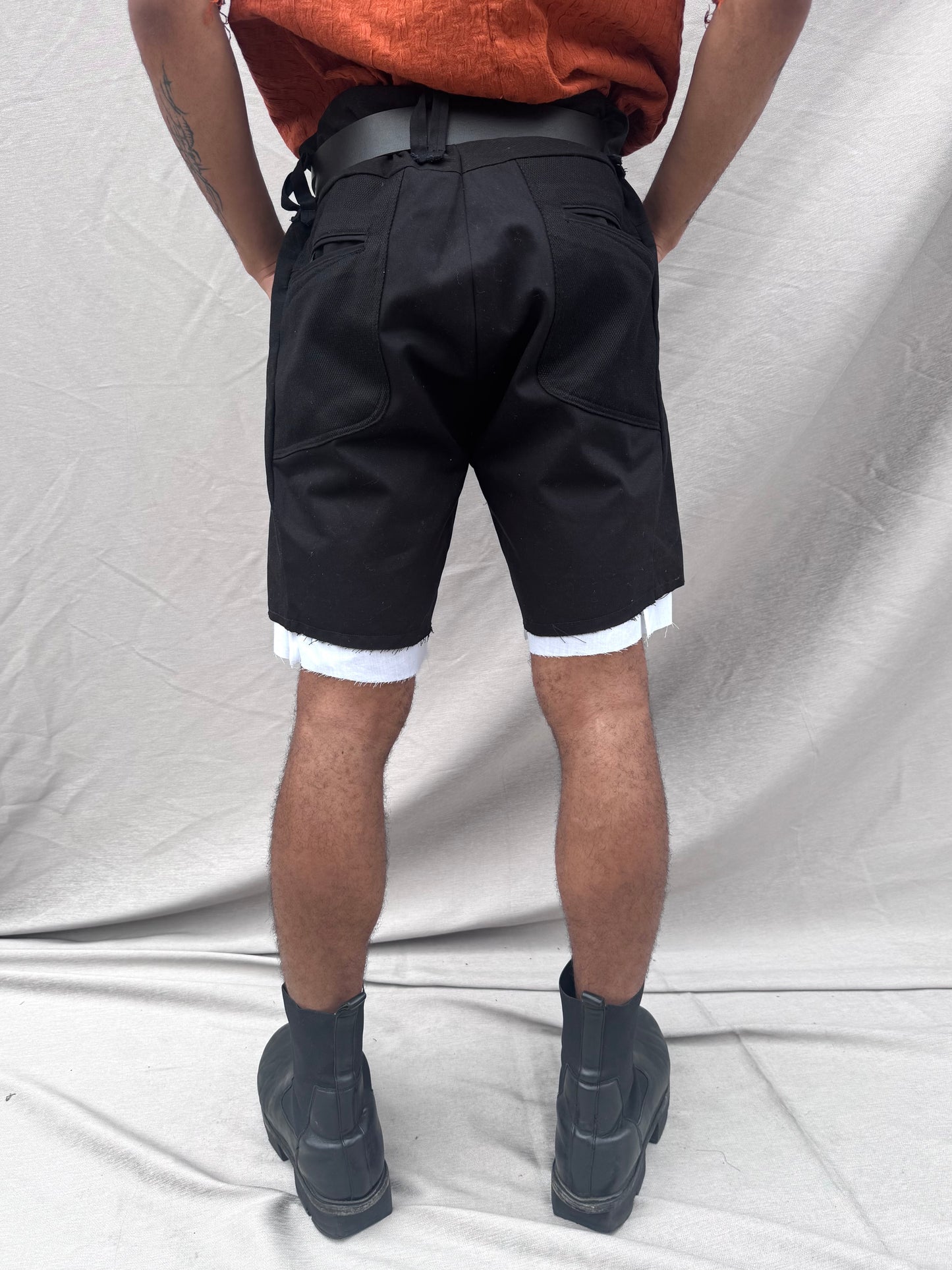SS25 || TRI PANEL LINEN SHORTS - DOUBLE LAYER || BLACK