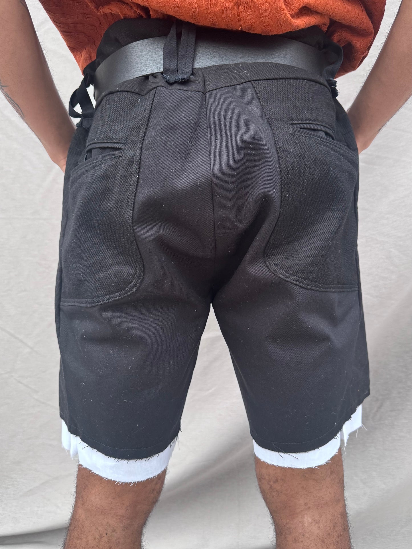 SS25 || TRI PANEL LINEN SHORTS - DOUBLE LAYER || BLACK