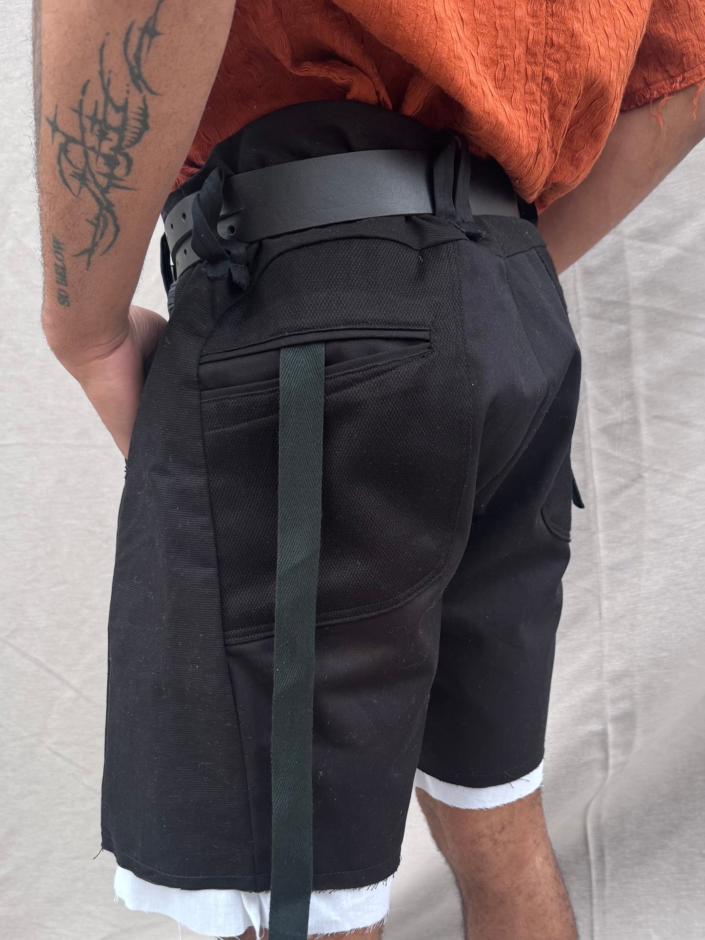 SS25 || TRI PANEL LINEN SHORTS - DOUBLE LAYER || BLACK