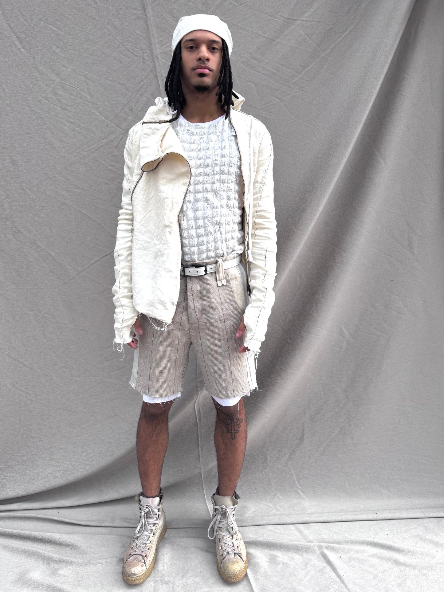 SS25 || TRI PANEL LINEN SHORTS - DOUBLE LAYER || ECRU PLAID