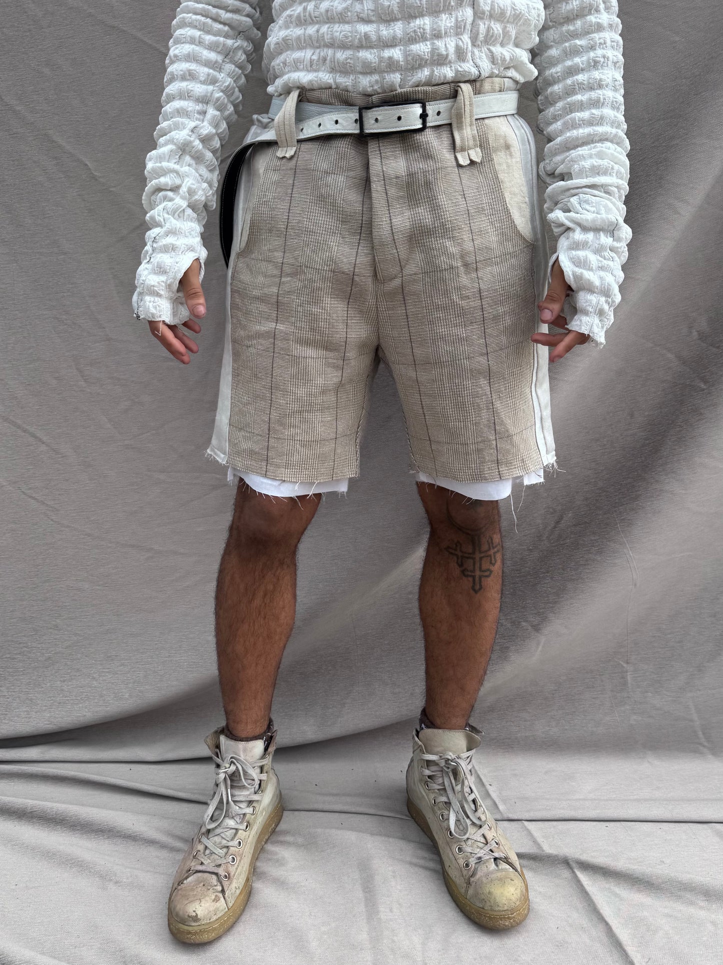 SS25 || TRI PANEL LINEN SHORTS - DOUBLE LAYER || ECRU PLAID