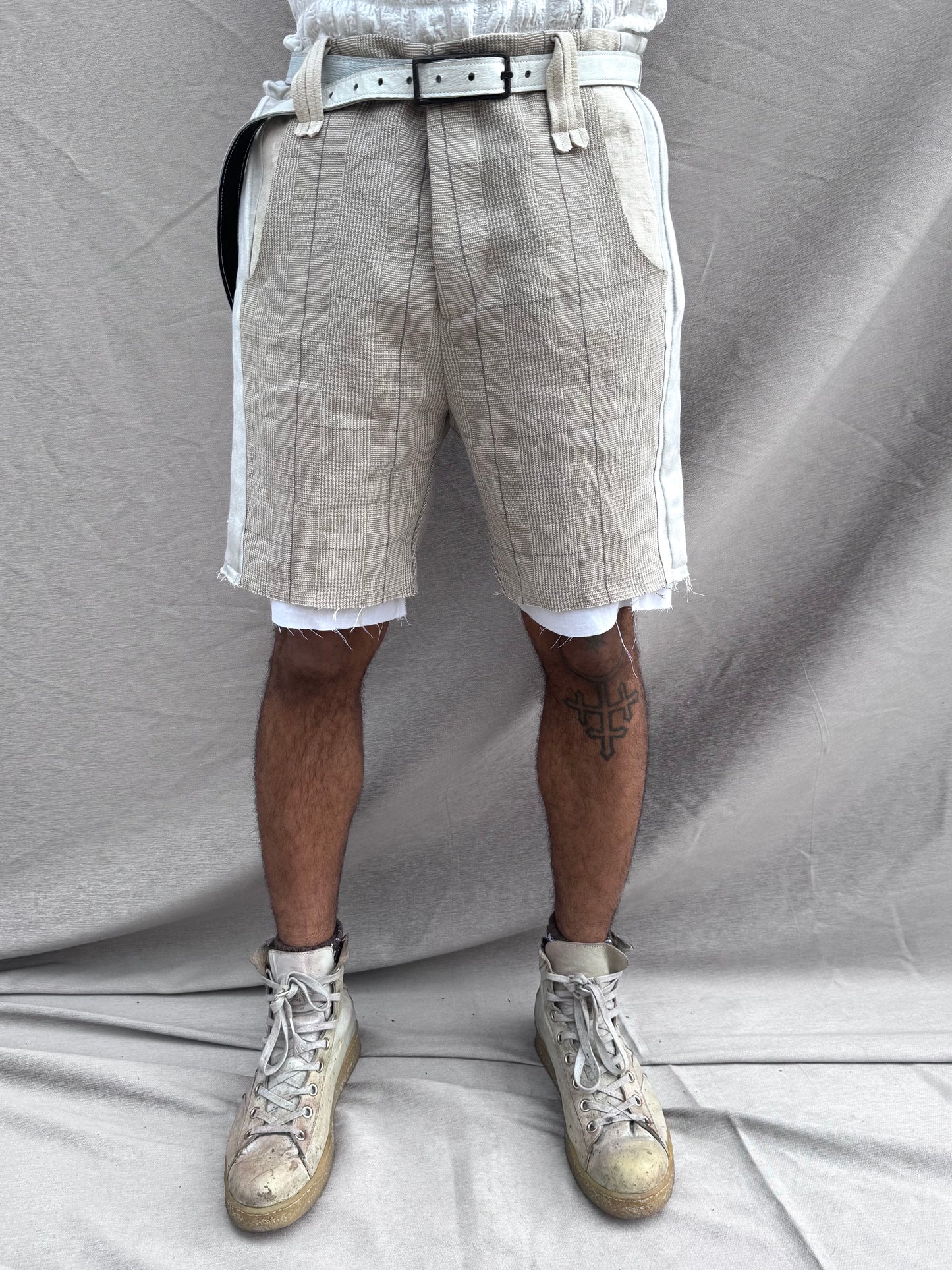 SS25 || TRI PANEL LINEN SHORTS - DOUBLE LAYER || ECRU PLAID