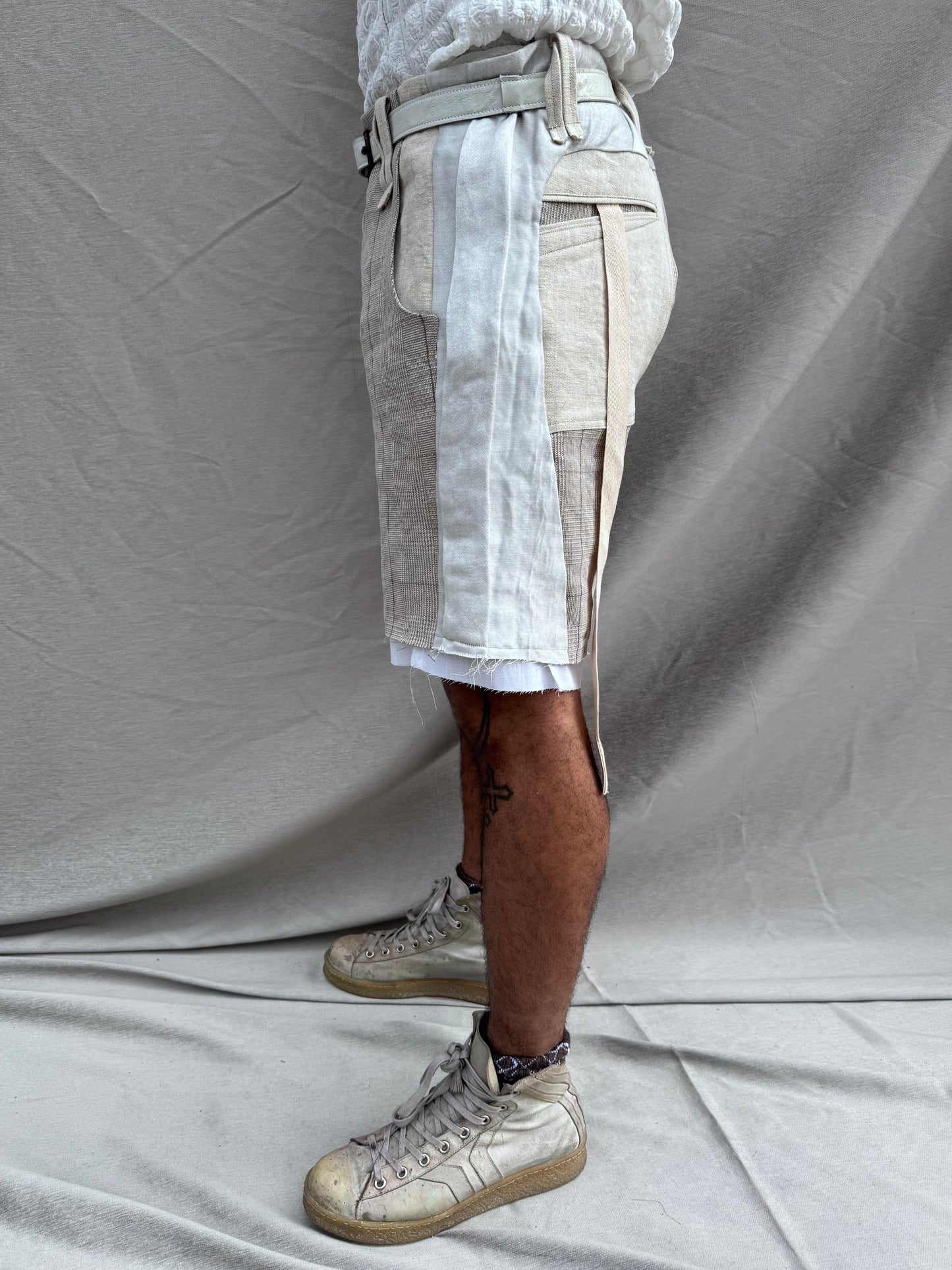 SS25 || TRI PANEL LINEN SHORTS - DOUBLE LAYER || ECRU PLAID