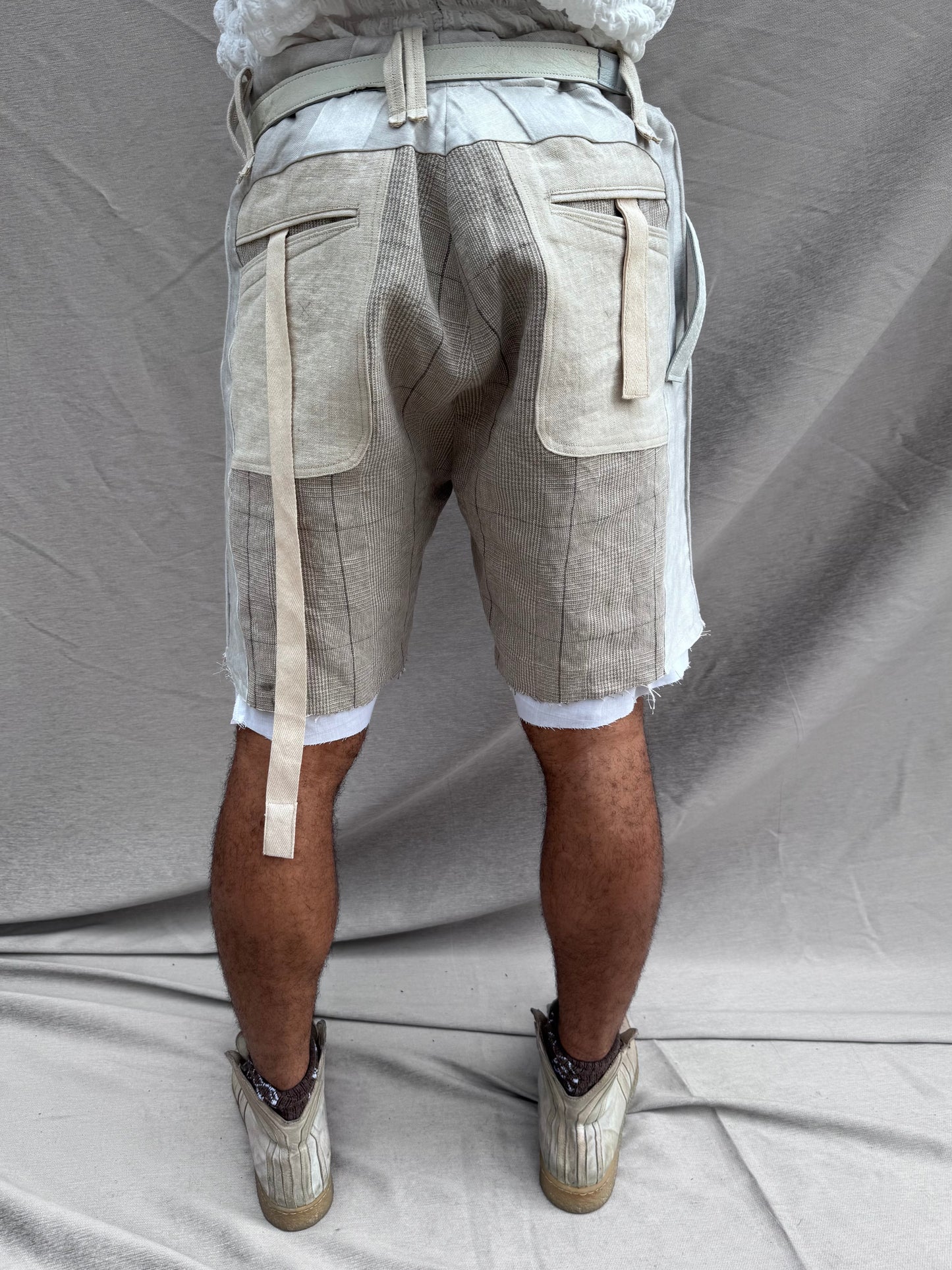 SS25 || TRI PANEL LINEN SHORTS - DOUBLE LAYER || ECRU PLAID