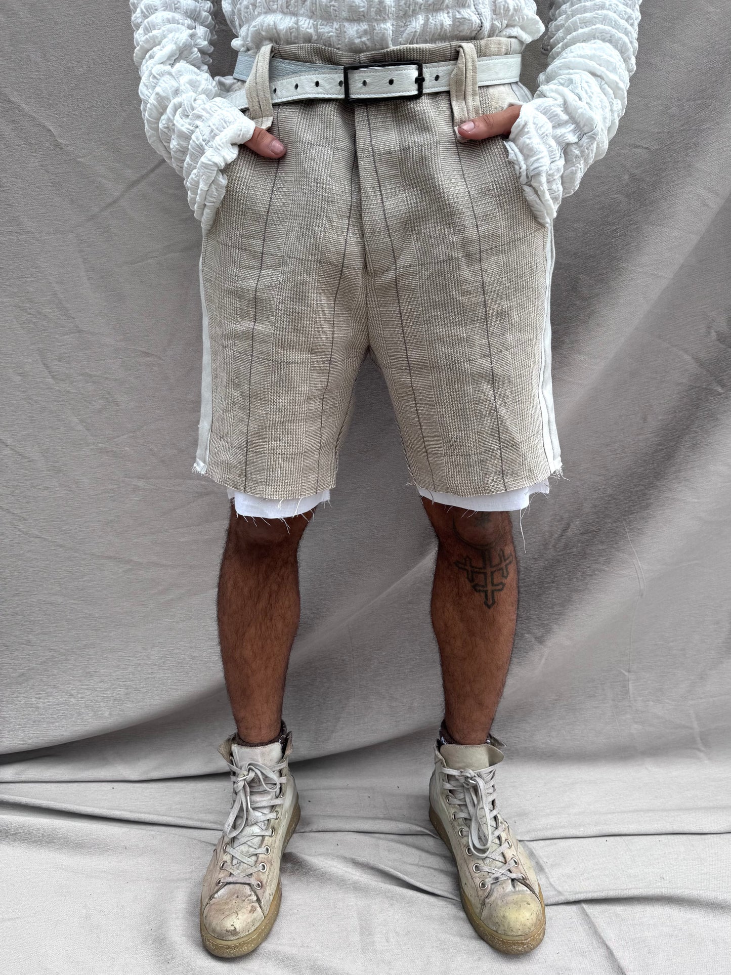 SS25 || TRI PANEL LINEN SHORTS - DOUBLE LAYER || ECRU PLAID