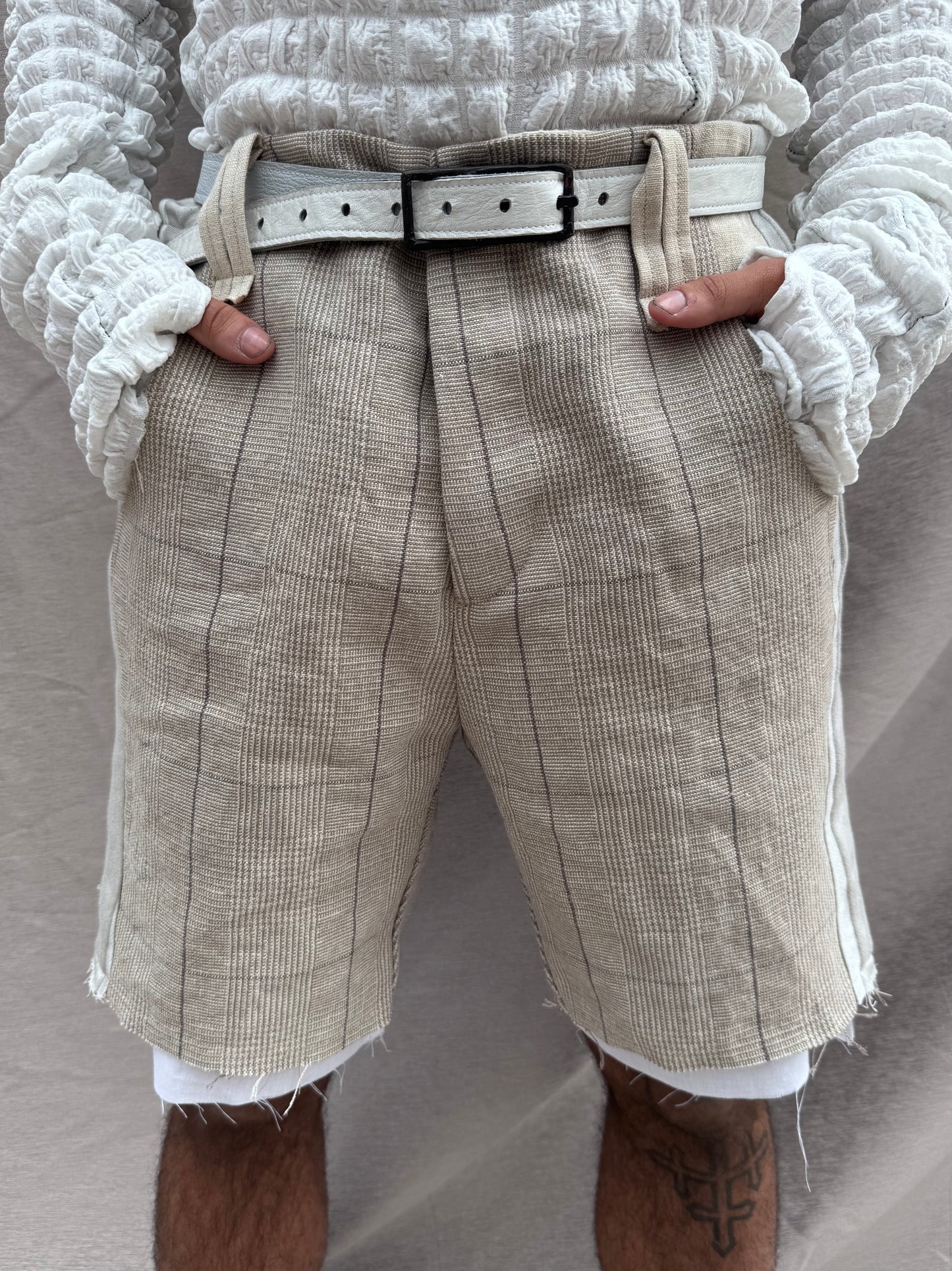 SS25 || TRI PANEL LINEN SHORTS - DOUBLE LAYER || ECRU PLAID