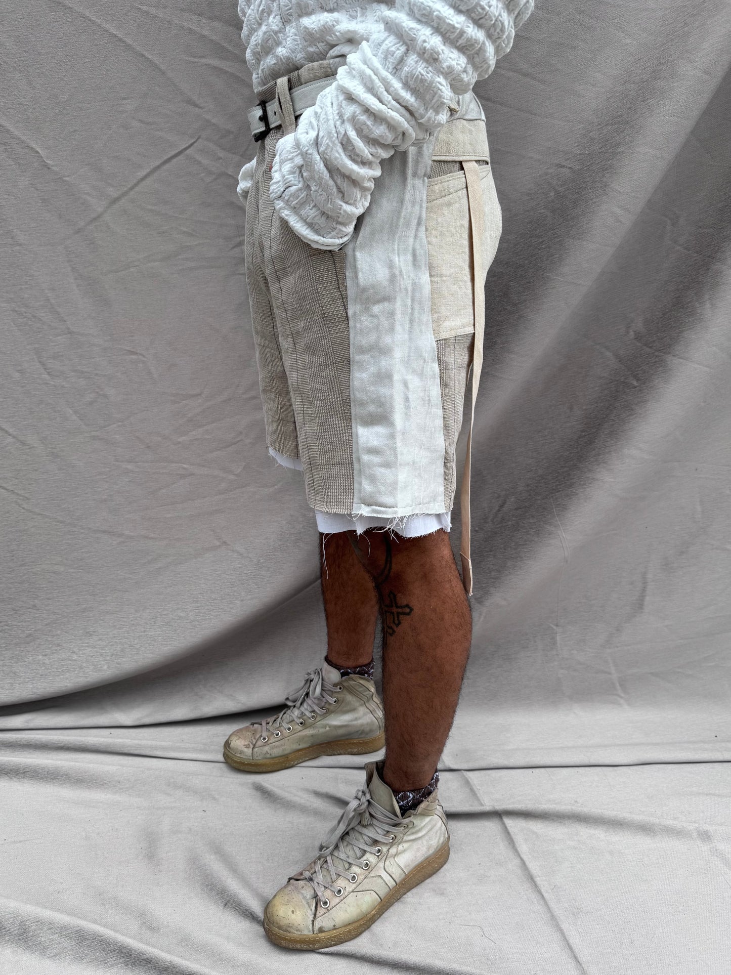 SS25 || TRI PANEL LINEN SHORTS - DOUBLE LAYER || ECRU PLAID