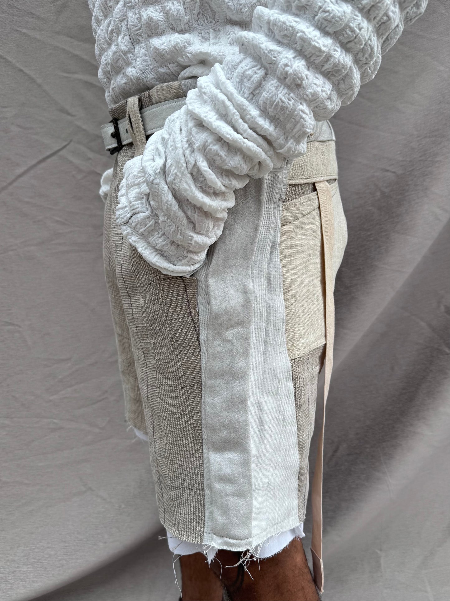 SS25 || TRI PANEL LINEN SHORTS - DOUBLE LAYER || ECRU PLAID