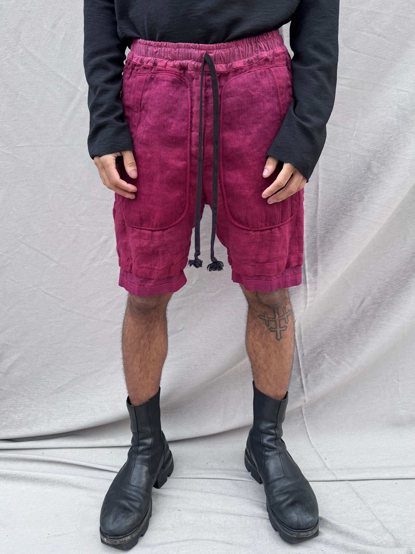 SS25 ||OVERLOCKED PERIPATHETIC SHORTS ||MAROON OVERDYED