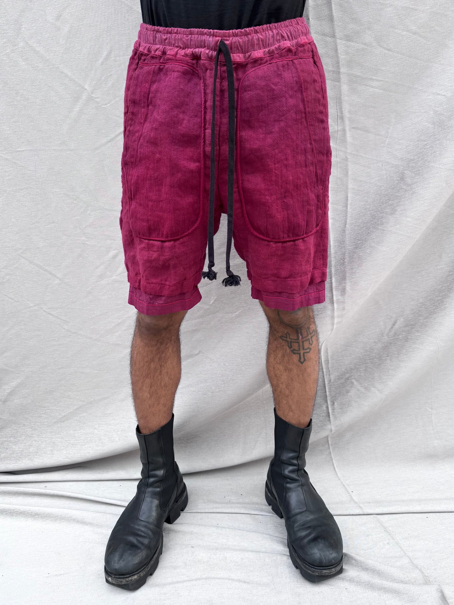 SS25 ||OVERLOCKED PERIPATHETIC SHORTS ||MAROON OVERDYED