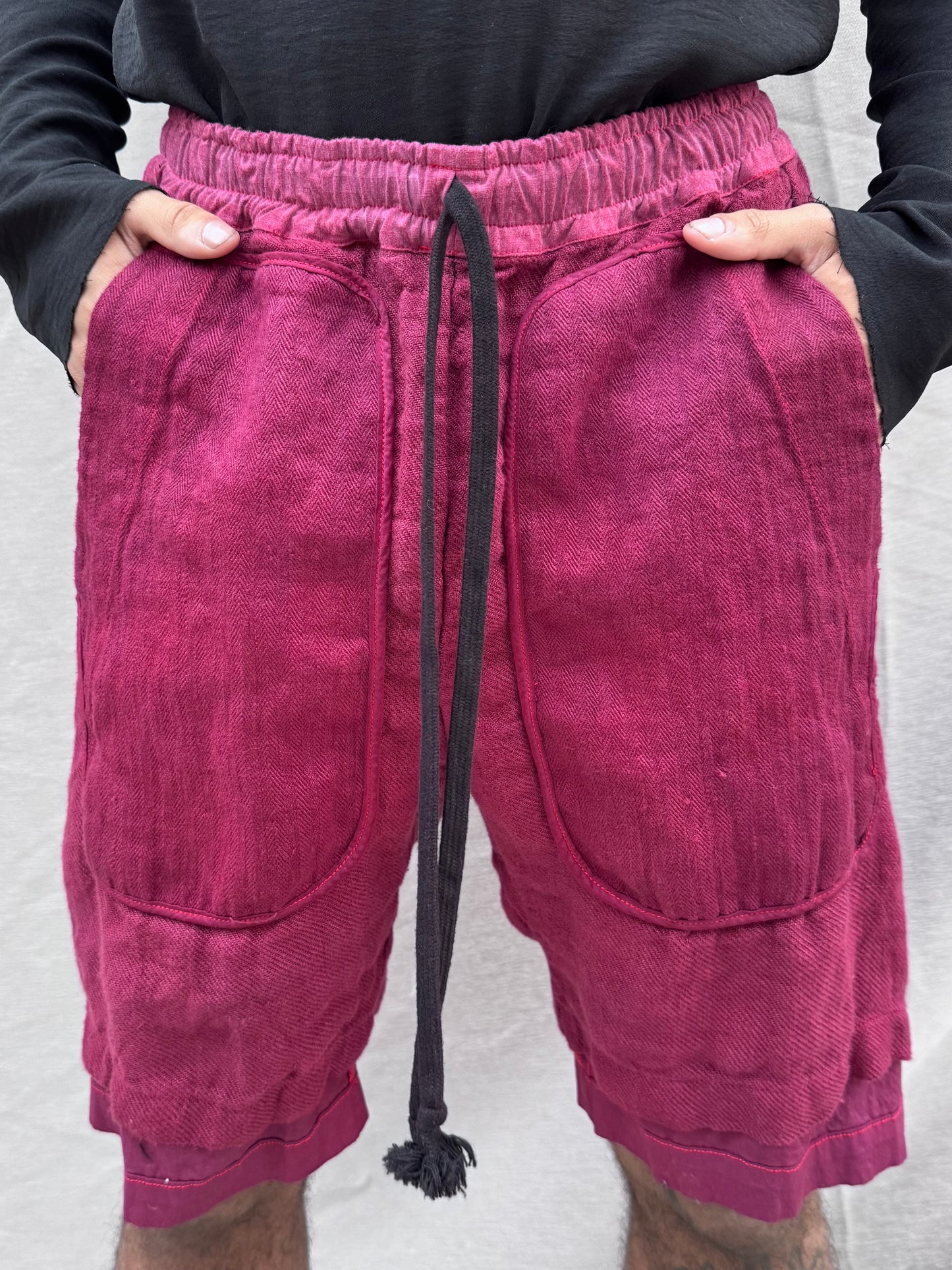 SS25 ||OVERLOCKED PERIPATHETIC SHORTS ||MAROON OVERDYED