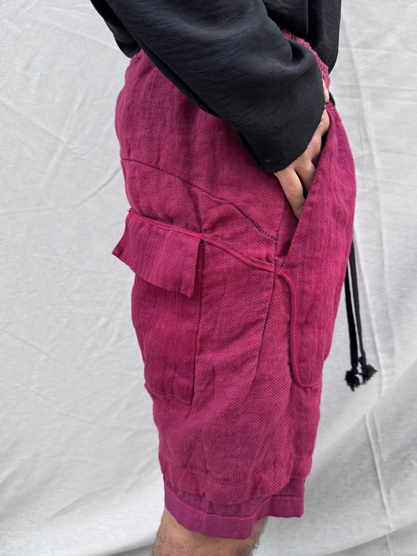 SS25 || OVERLOCKED PERIPATHETIC SHORTS || MAROON OVERDYED