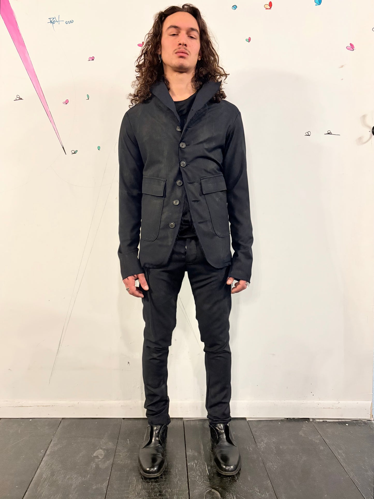 SS26 || MINIMALIST SLIM PANTS - BLACK WOOL || VOLCANIC SULPHUR COATED