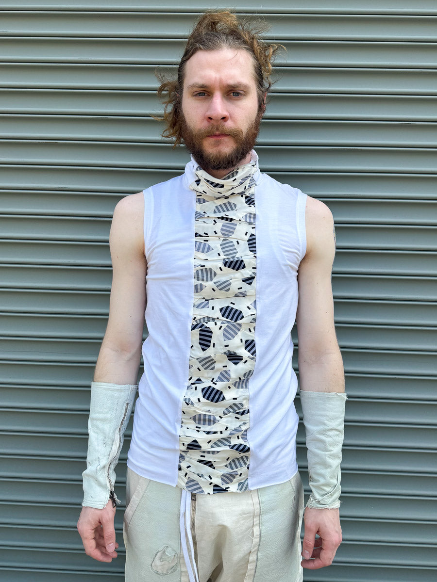 SS24 || HIGH NECK RUCHED FRONT SLEEVELESS TEE || WHITE