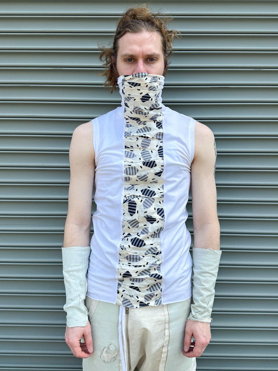 SS24 || HIGH NECK RUCHED FRONT SLEEVELESS TEE || WHITE