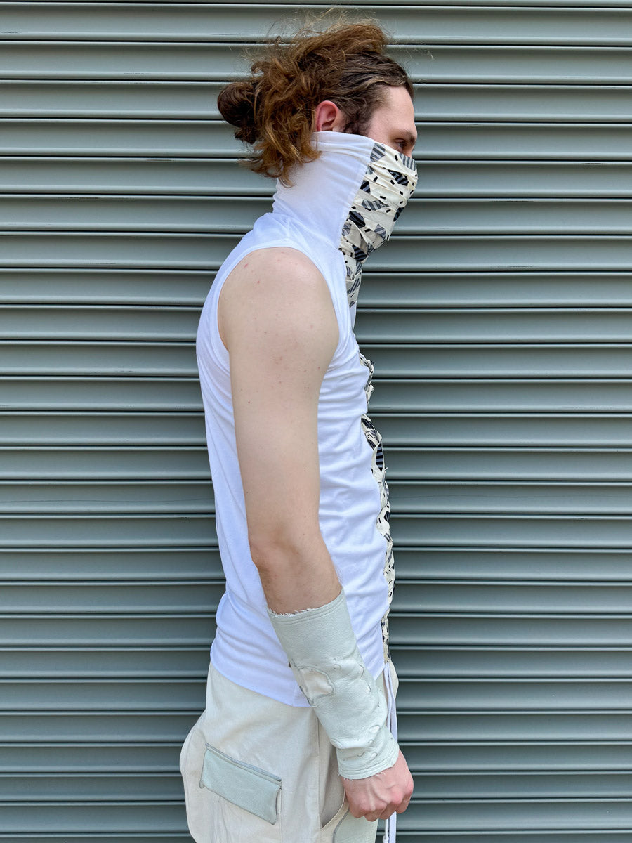 SS24 || HIGH NECK RUCHED FRONT SLEEVELESS TEE || WHITE