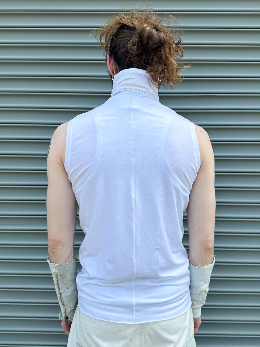 SS24 || HIGH NECK RUCHED FRONT SLEEVELESS TEE || WHITE