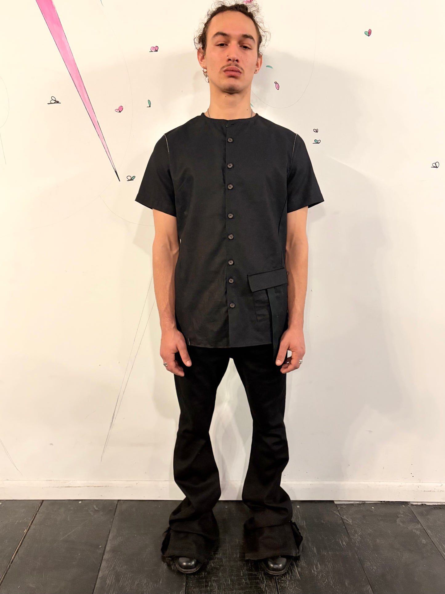 SS26 || COLLARLESS 3 PANEL BACK VENT SHIRT || SHORT SLEEVE - BLACK