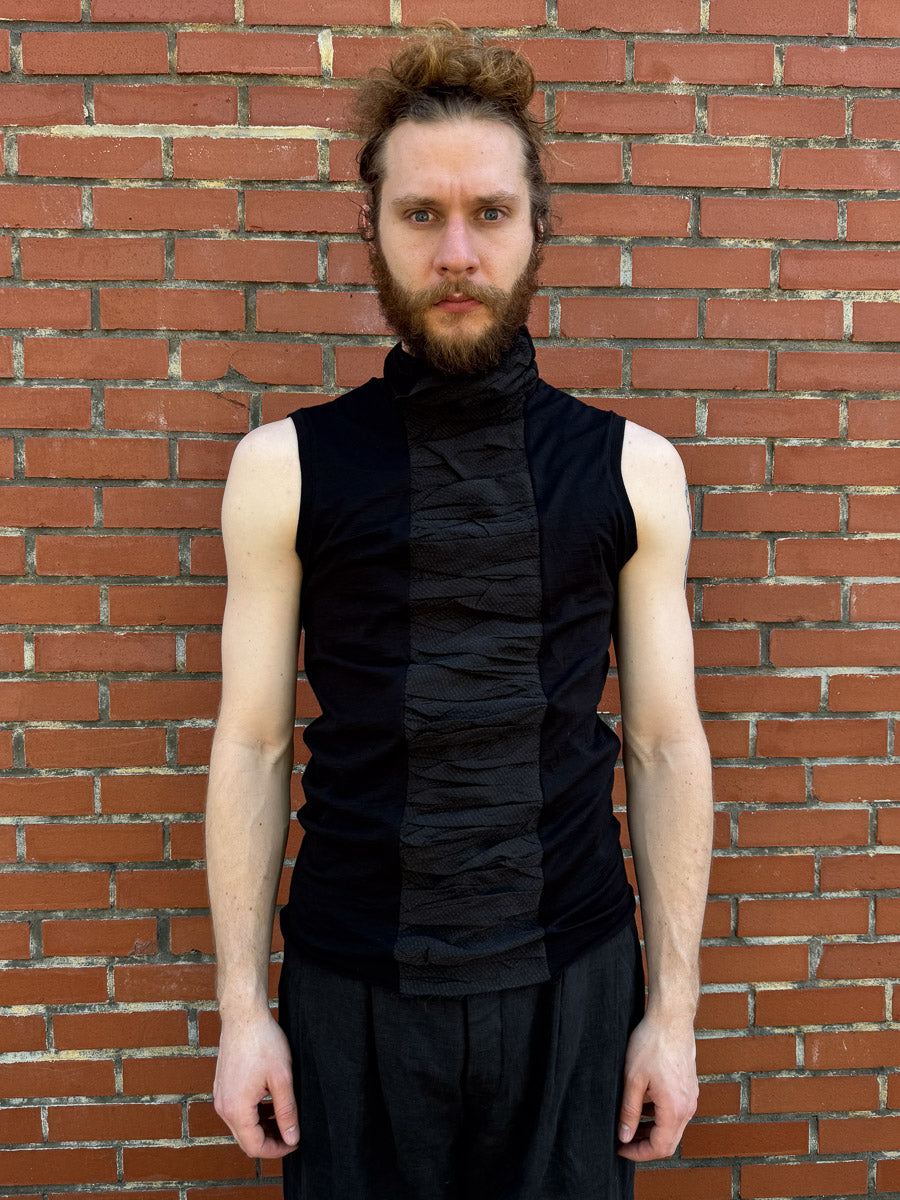 SS24 || HIGH NECK RUCHED FRONT SLEEVELESS TEE || BLACK
