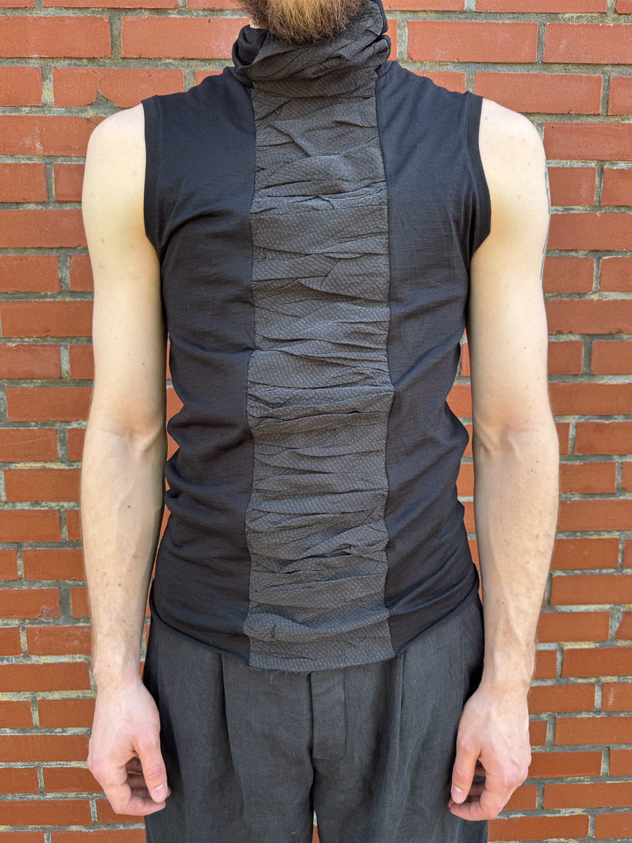 SS24 || HIGH NECK RUCHED FRONT SLEEVELESS TEE || BLACK