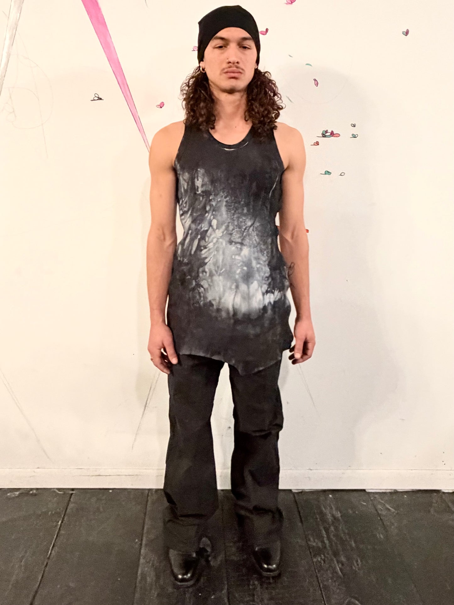 SS26 ||LEATHER ASYMMETRIC TANK - KANGAROO BLACK