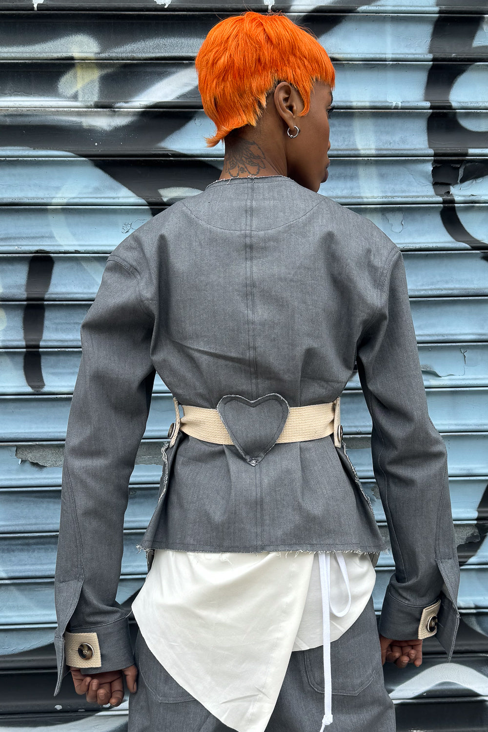 SS24 || FAULTED SHOULDER TRI-HEART JACKET || GREY STRETCH